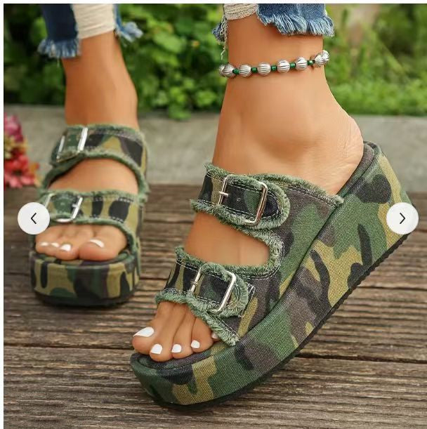 Women's camouflage denim buckle wedges summer high heel thick bottom sandals
