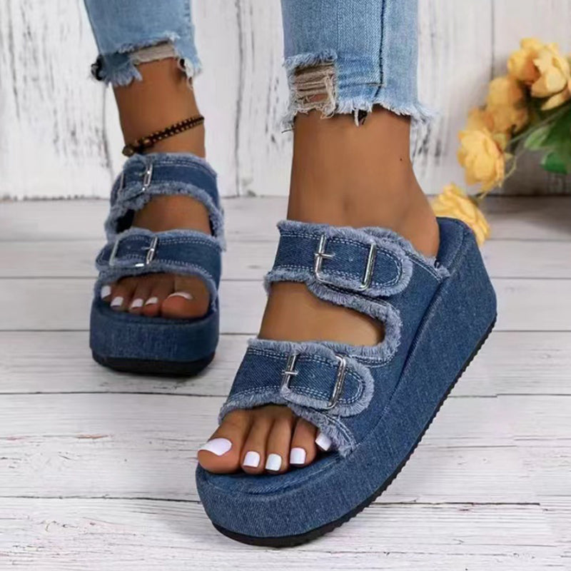 women's denim buckle wedges sandals with thick platform heel summer slippers