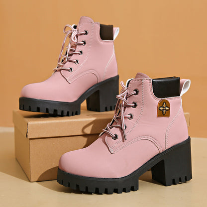 Plus size pink chunky heel Martin boots with thick black platform and front lace-up design