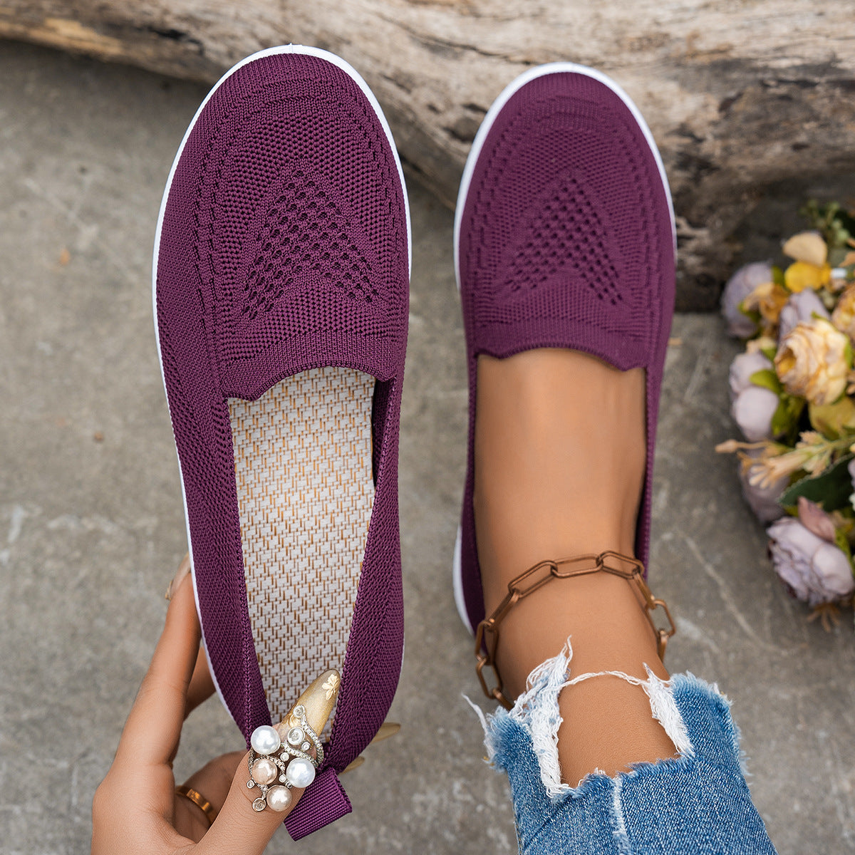 Women's summer mesh casual shoes in purple with low flat heel and round toe