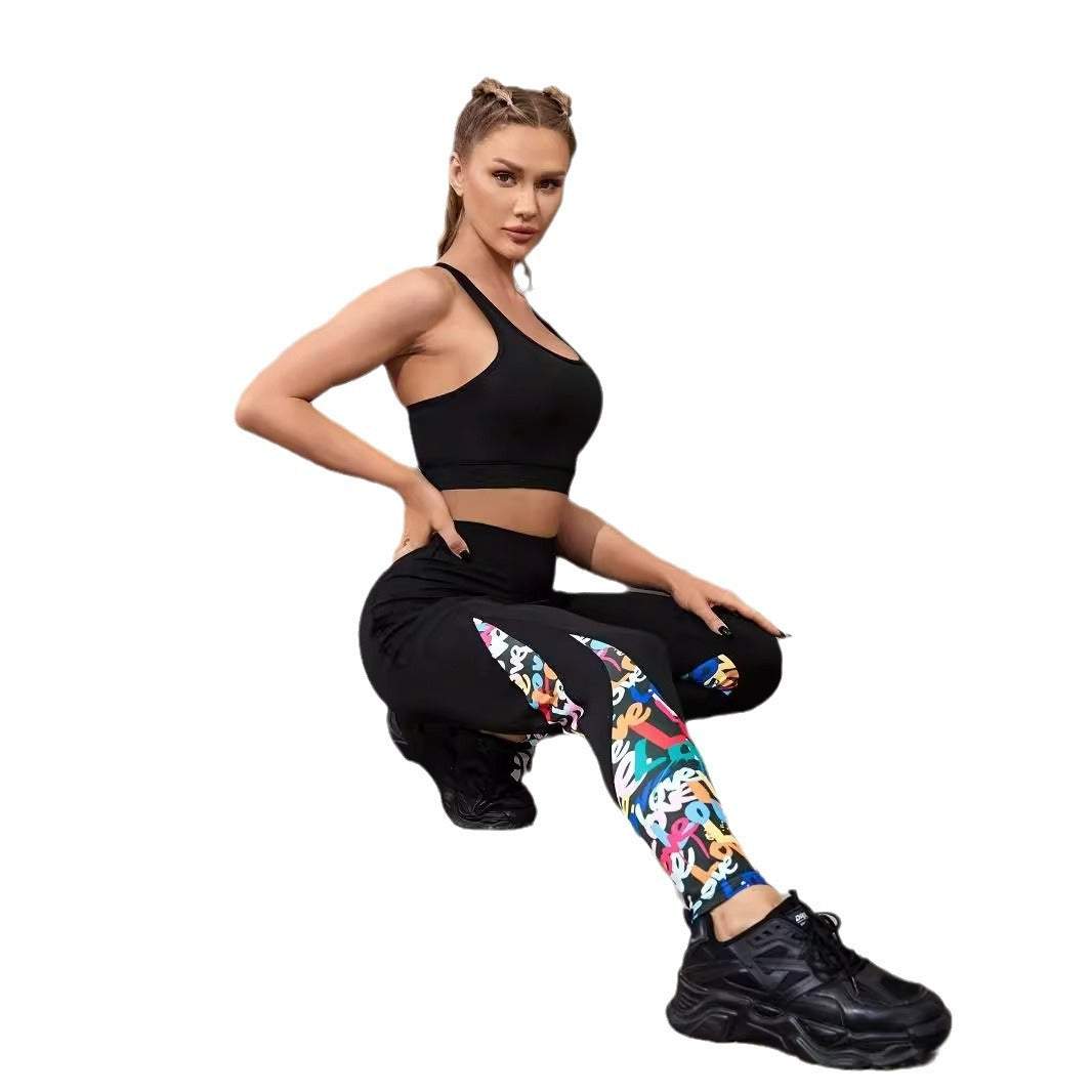 Woman wearing black color contrast patchwork high waist tight sports leggings