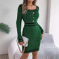 Women's long-sleeved green sweater hip skirt dress with buttons and black trim, mid-waist and lantern sleeves.