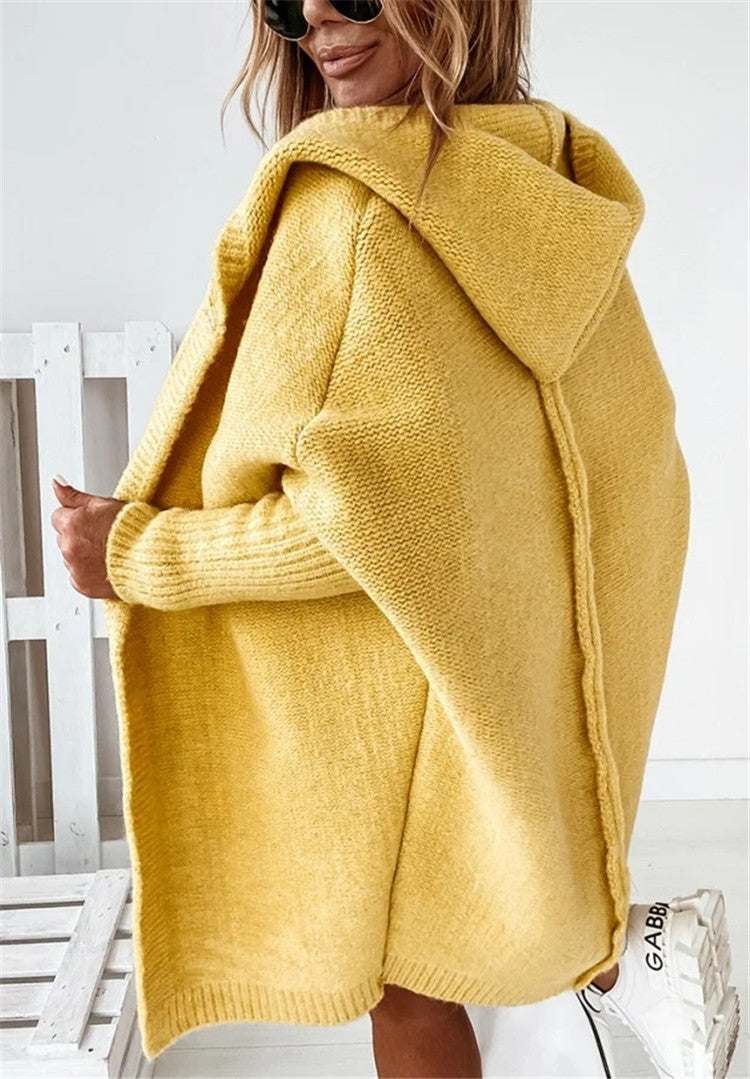 Oversized yellow bat sleeve hooded cardigan sweater for women