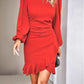 Red women's puff long sleeve slim hip-covering short dress with ruffle hem