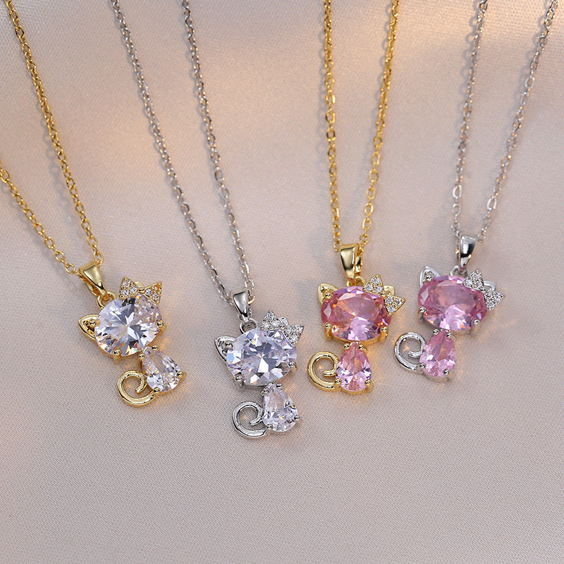 Niche Fashion elegant titanium steel cat pendant necklaces with white and pink diamonds on gold and steel chains