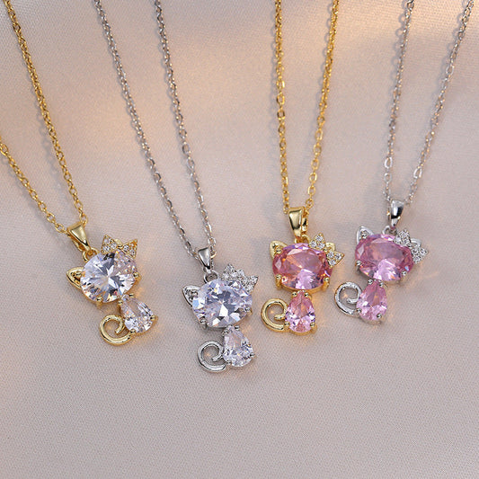 Niche Fashion elegant titanium steel cat pendant necklaces with white and pink diamonds on gold and steel chains