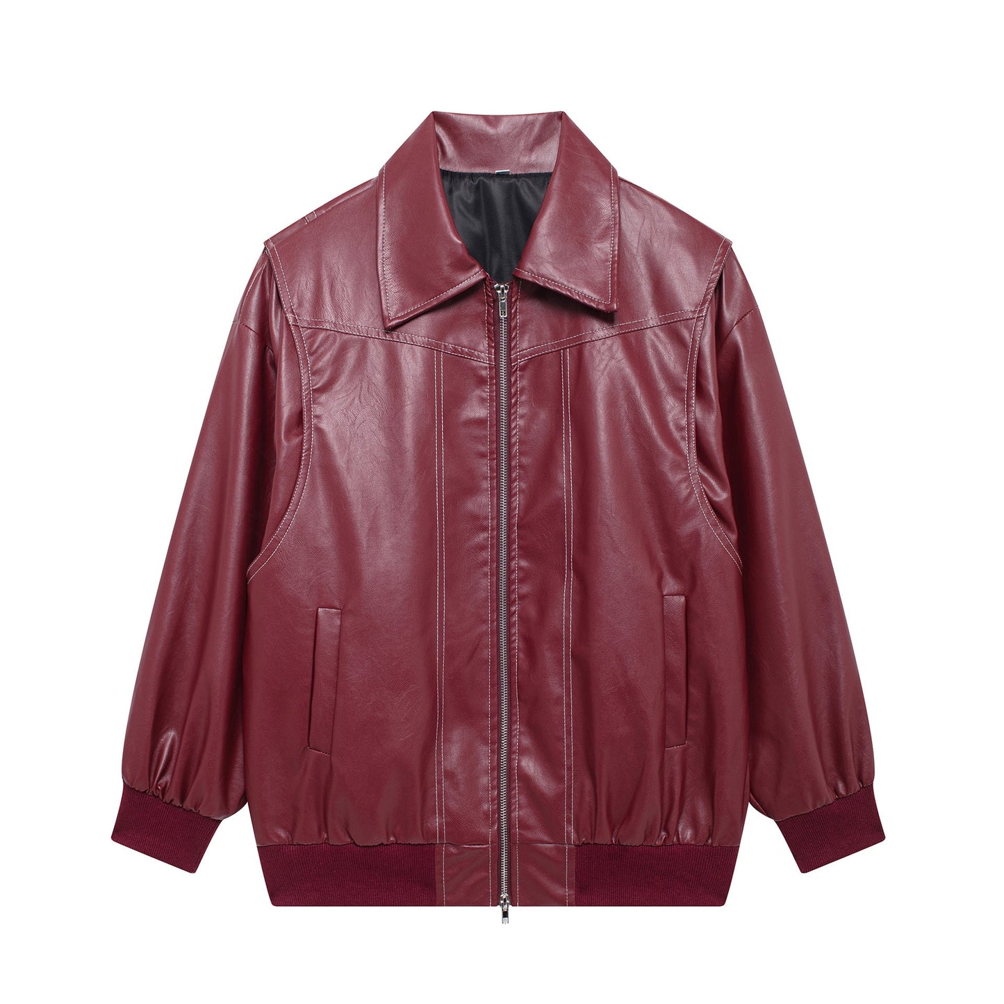 Loose fashion lapel zip-up moto biker leather jacket for women in wine red color