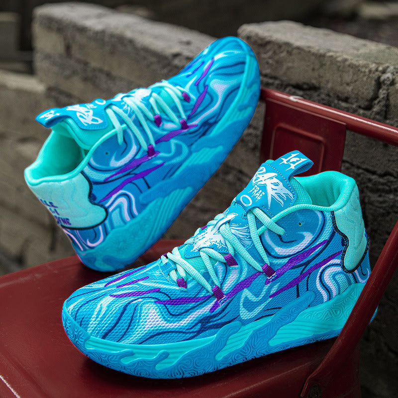 Men's fashion personalized cement floor sports shoes in blue and purple mesh with tall crown and front lace-up design