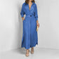 Women's elegant blue long-sleeved tied waist shirt dress with asymmetric skirt and collar
