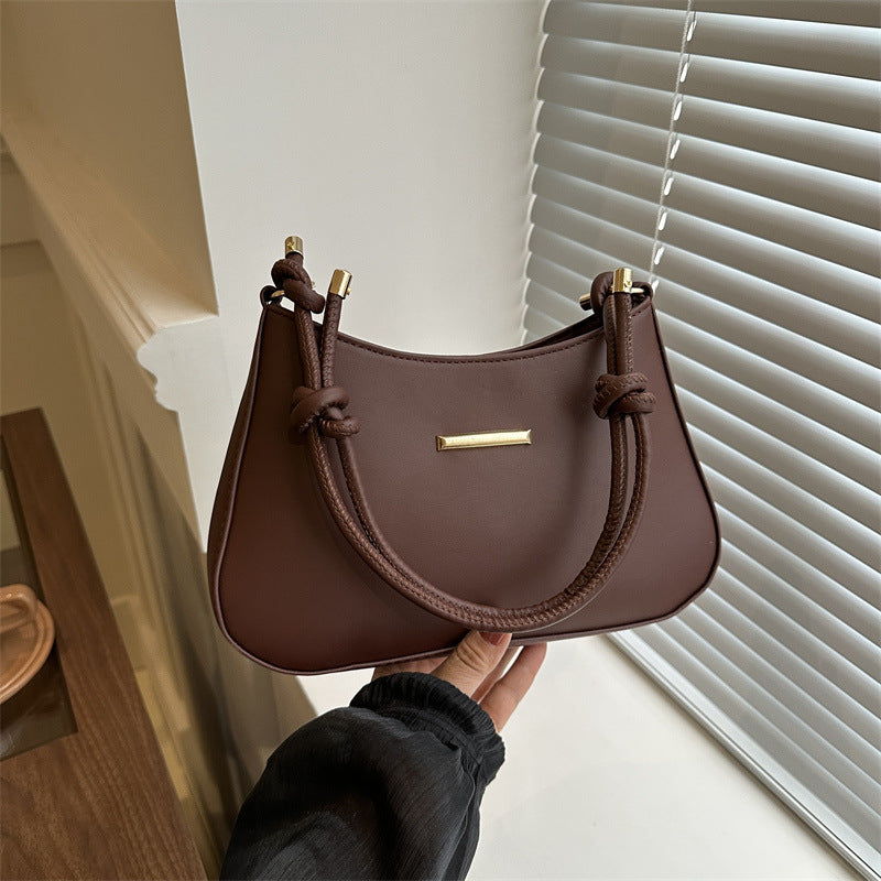 Women's high-end hand-held brown PU leather small square handbag with three-dimensional pocket and single shoulder strap