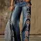 Plus size women's casual wide leg denim pants with floral patterns