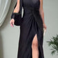 Women’s diagonal shoulder black slim fit dress with knot and side slit