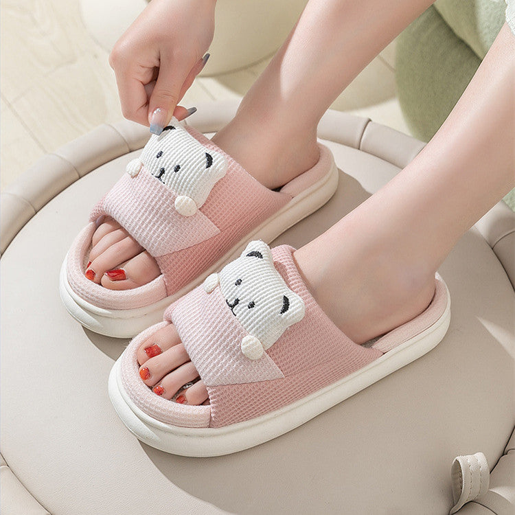 Pink cute cartoon bear slippers with thick sole for women spring and autumn house shoes