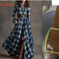 Large size women's clothing French retro grid slim irregular plaid dress with belt in navy blue