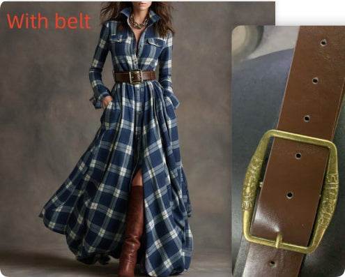Large size women's clothing French retro grid slim irregular plaid dress with belt in navy blue