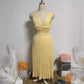 Yellow Ins suspender pleated long dress with hollow-waisted design and V-neck backless style