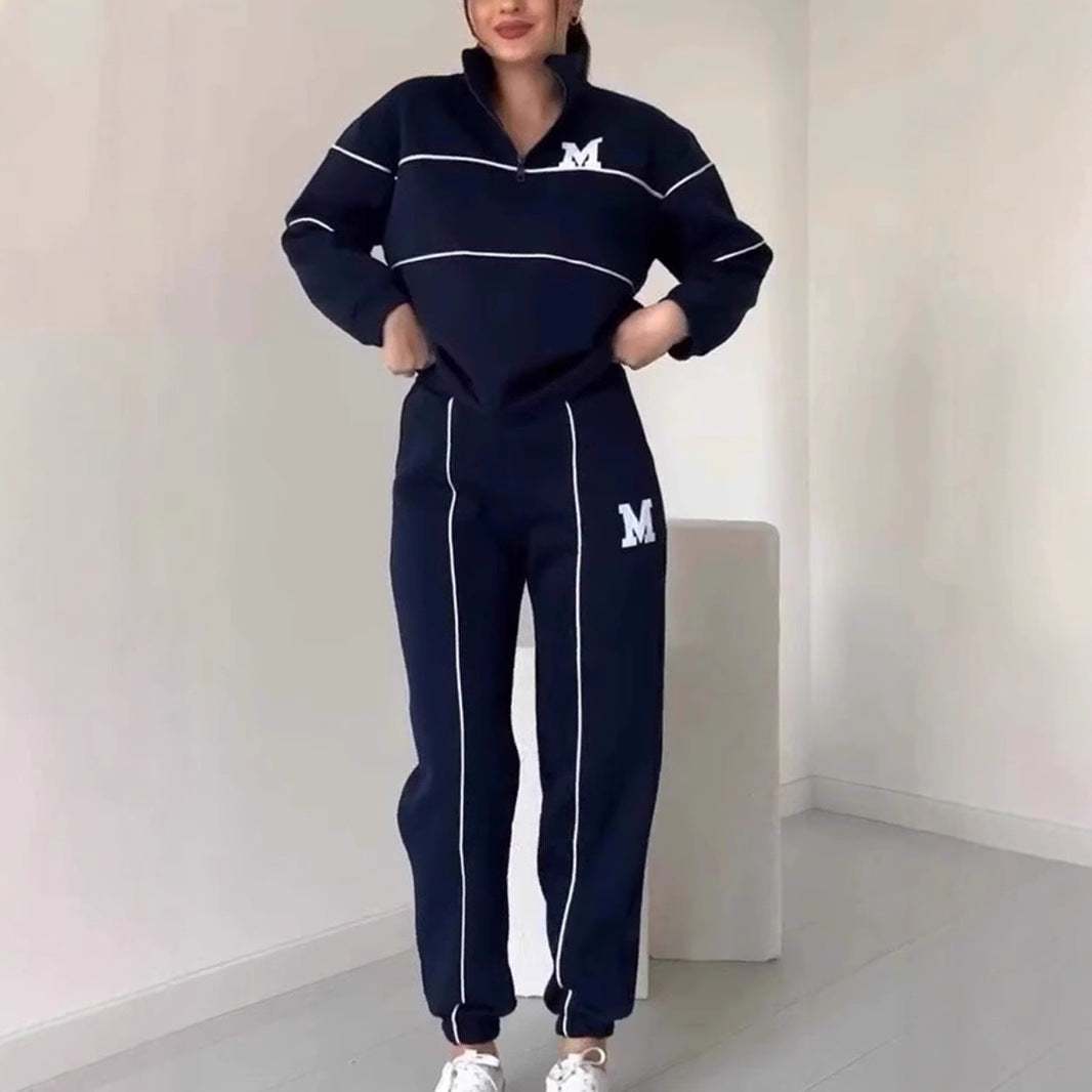 Women 2 piece navy blue lounge sweatsuit with white stripes and letter M for casual wear