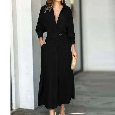Women's elegant black waist-tied long-sleeved shirt dress with pockets and asymmetric skirt