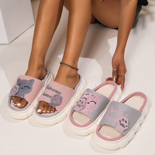 Pink and gray cute cartoon kitten home slippers for women with thick soles and breathable fabric upper
