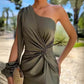 Women's diagonal shoulder knot split army green slim fit dress