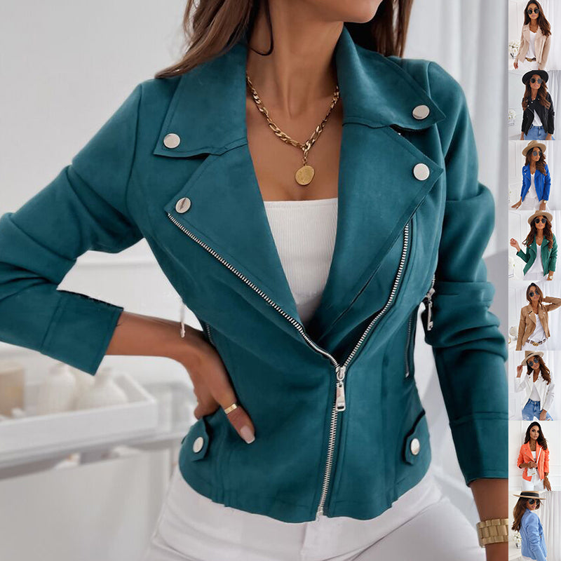 Women’s zip-up lapel jacket with long sleeves and pockets in lake blue polyester blend fabric