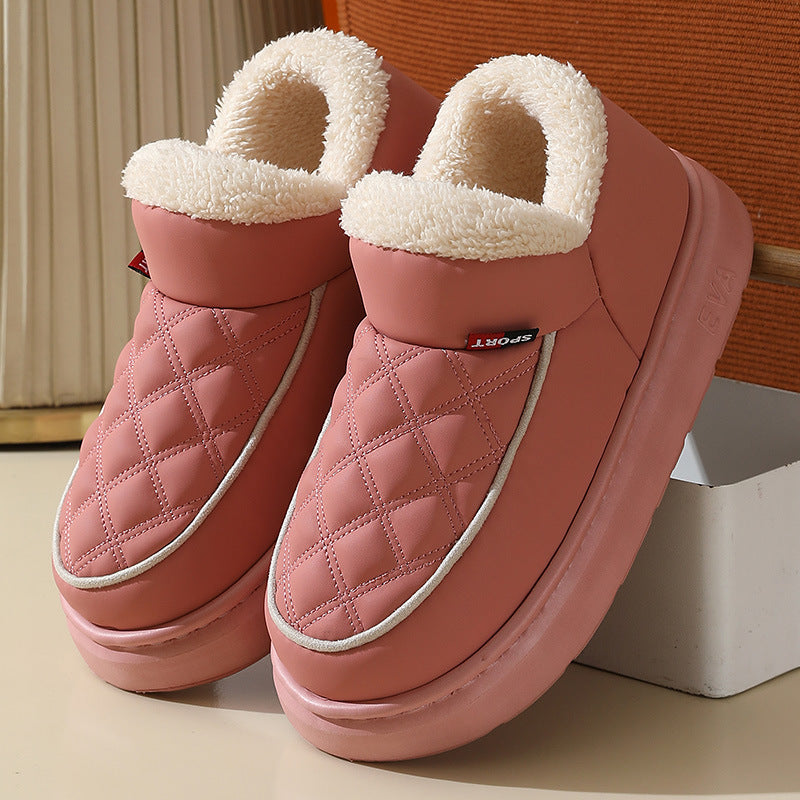 Pink winter plush cotton shoes with thick rubber sole and warm short plush lining for indoor and outdoor use