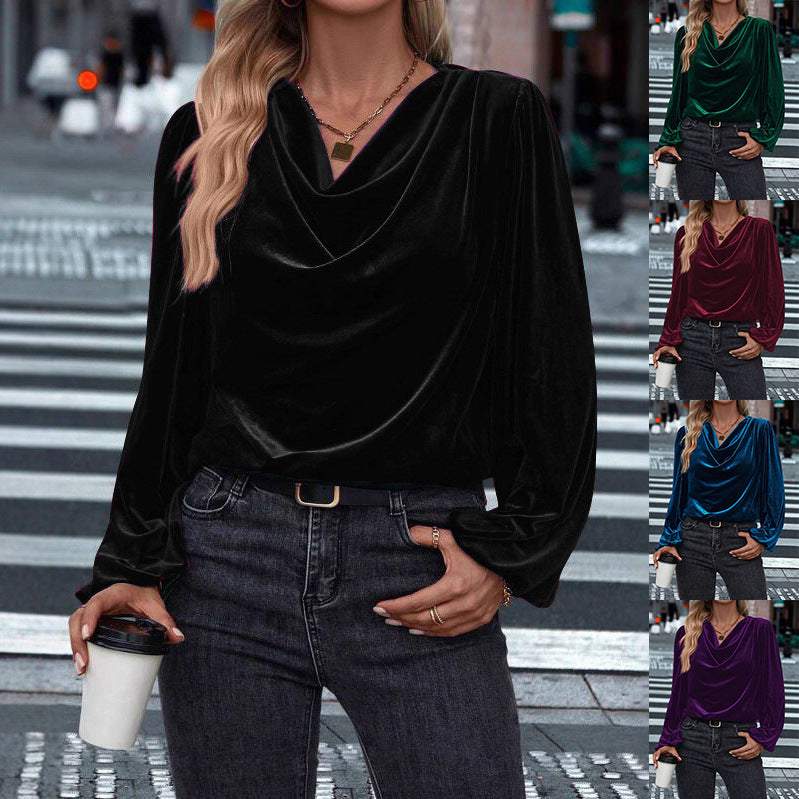 Women's pile collar long sleeve top in black velvet pullover with loose fit and regular sleeves