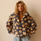 Women's winter flowers lambskin sweatshirt with big pocket and zip-up lapel pullover in gray and beige floral pattern