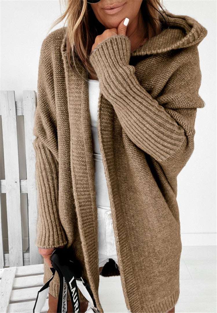 Women's oversized bat sleeve hooded cardigan in khaki knit sweater style