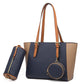 Large capacity three-in-one navy and brown Saffiano bucket bag with double shoulder straps and removable pouches
