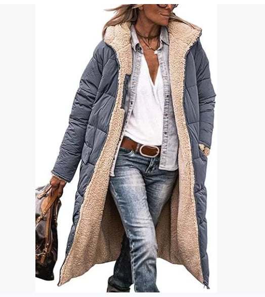 Women's solid color hooded long coat with warm fleece lining and long sleeves in gray