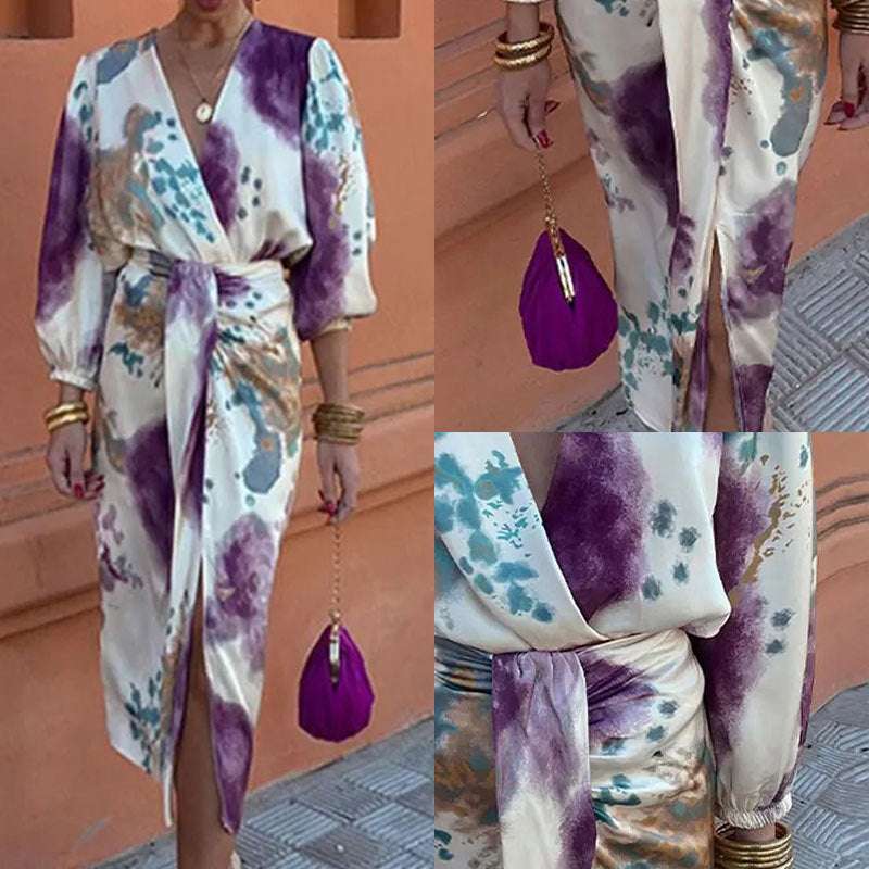 Chic V-neck long sleeve slit midi dress two-piece suit with purple and teal watercolor pattern and lace-up detailing