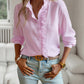 Pink striped long sleeve shirt with ruffle design and button-up front, casual elegant women's blouse