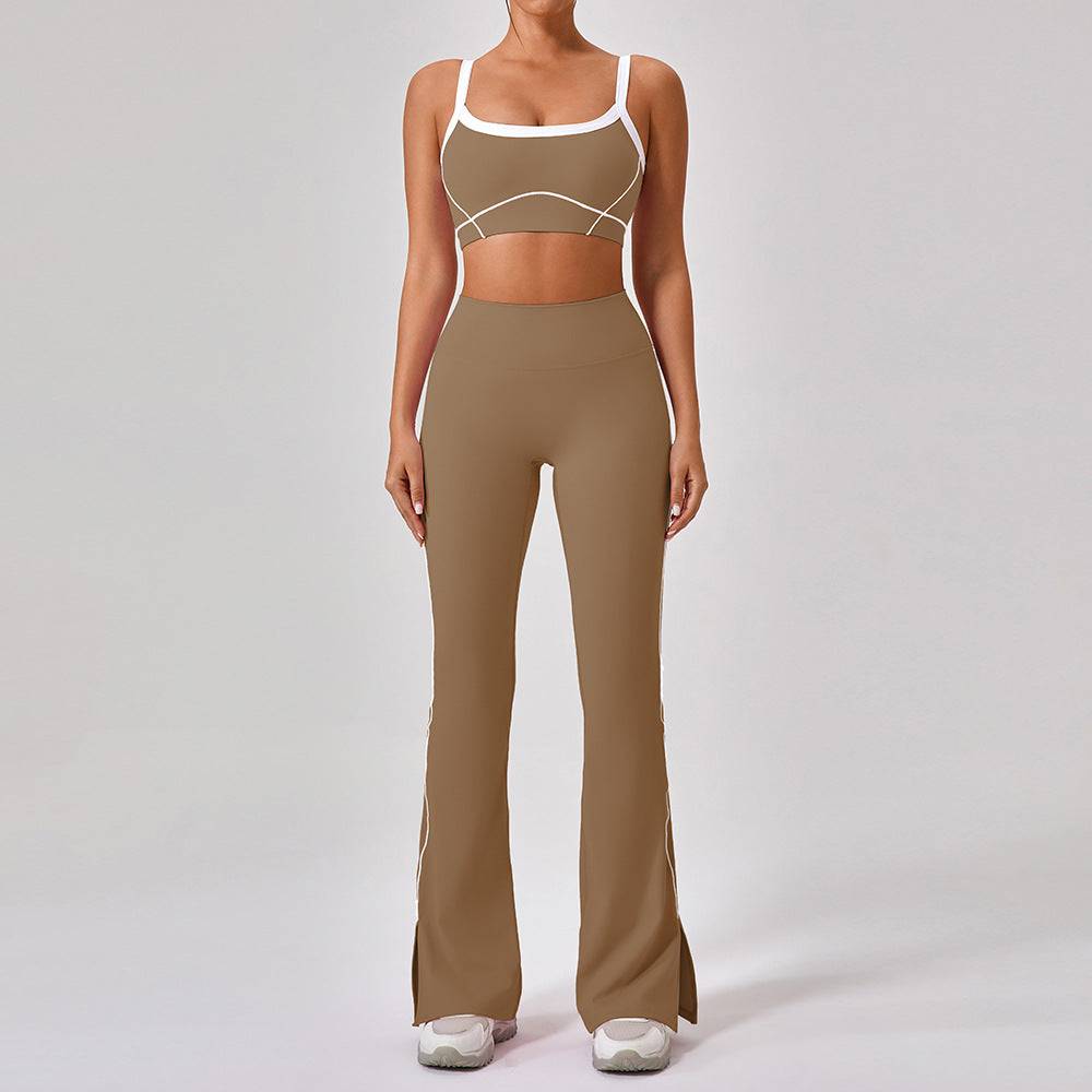 Woman wearing brown and white contrast color outdoor sports yoga suit with spaghetti strap top and fitted pants