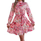 standing collar floral print pink ruffled a-line long sleeve dress for women spring autumn