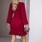Women's puff long sleeve wine red slim hip-covering short dress with ruffle hem