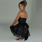 Black tube top lace dress with back bow-knot and off-shoulder mesh stitching short skirt