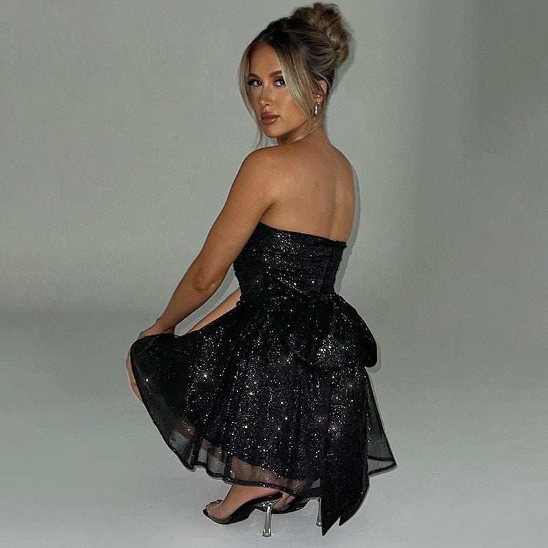 Black tube top lace dress with back bow-knot and off-shoulder mesh stitching short skirt