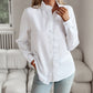 Elegant white striped long sleeve shirt with ruffle button-up design for women