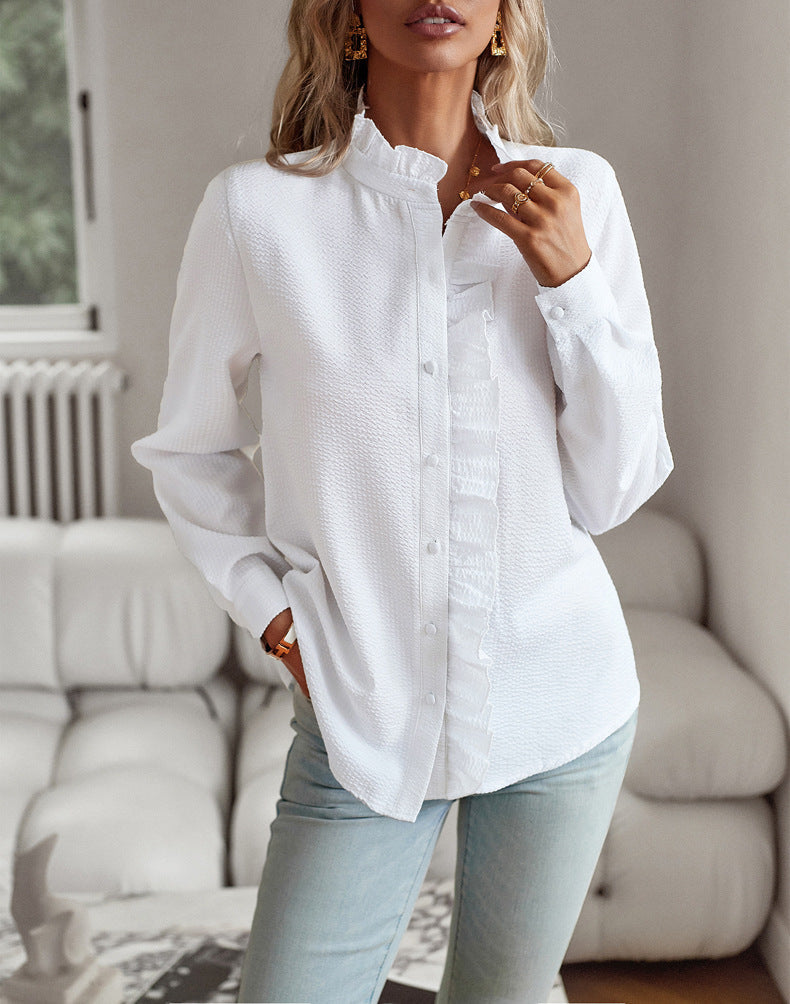 Elegant white striped long sleeve shirt with ruffle button-up design for women