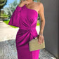 Women's diagonal shoulder knot split slim fit dress in purple with long sleeve and bow detail