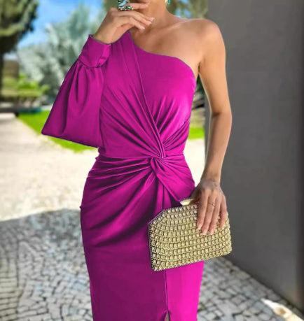 Women's diagonal shoulder knot split slim fit dress in purple with long sleeve and bow detail