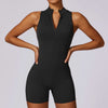 Black sleeveless fitness yoga jumpsuit with front zipper and backless shorts design for women