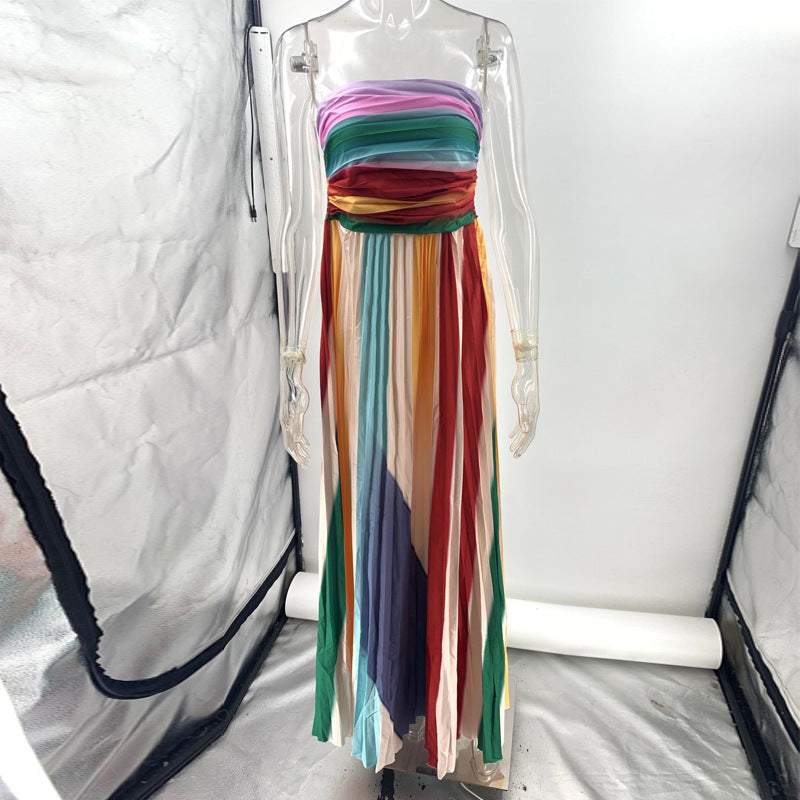 Women's sexy tube top backless striped color swing maxi dress on mannequin
