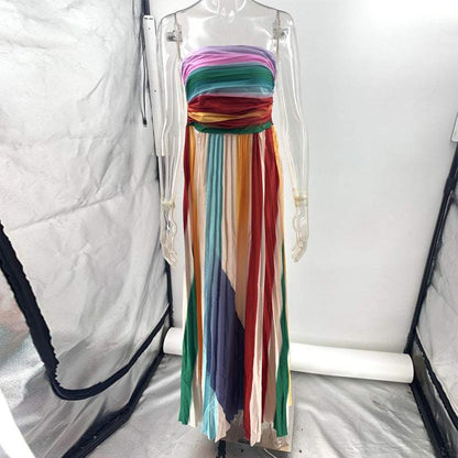 Women's sexy tube top backless striped color swing maxi dress on mannequin