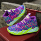 Men's fashion personalized cement floor sports shoes with vibrant purple, blue, and neon green design and mesh upper