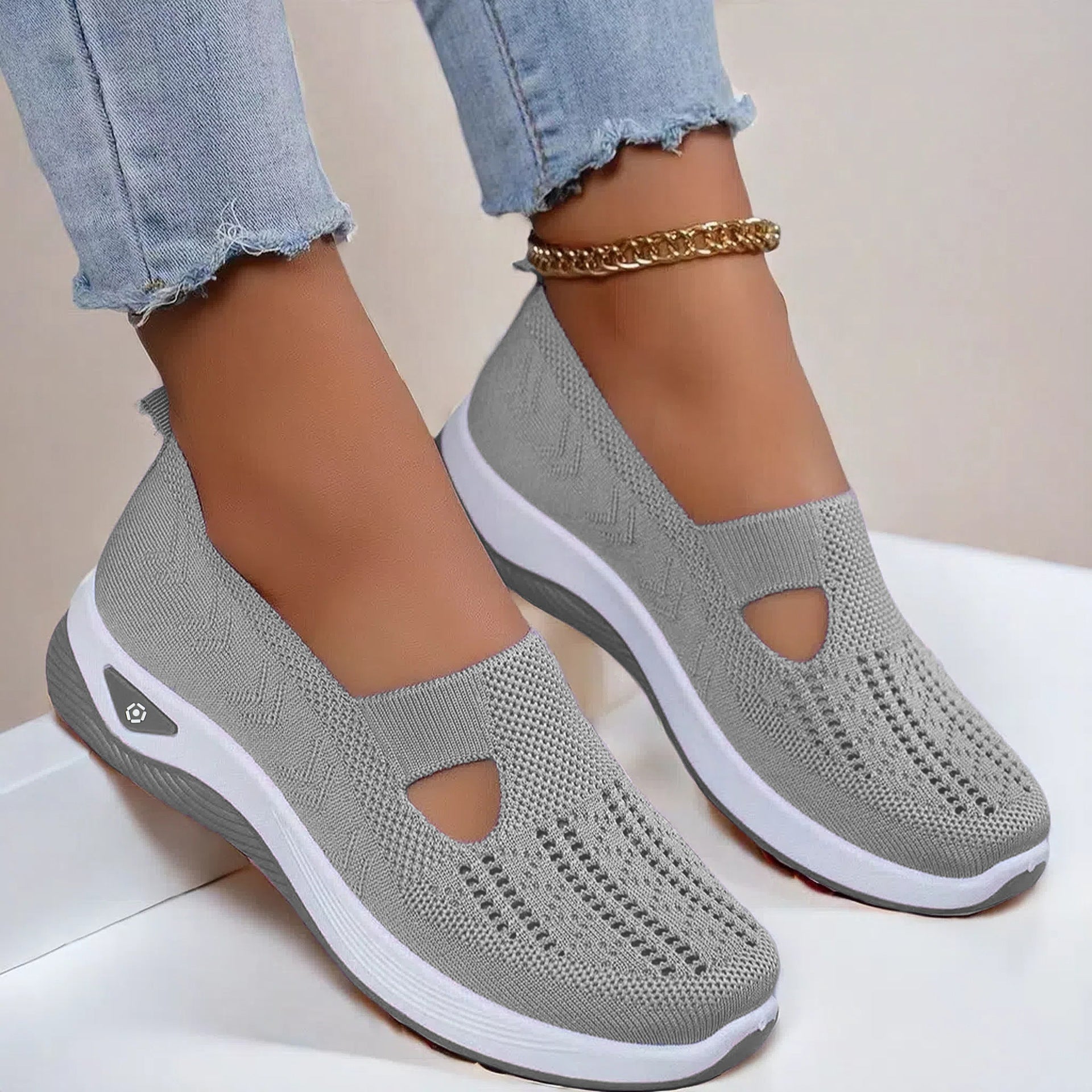 Women's gray breathable mesh flats shoes with non-slip soft sole and casual design