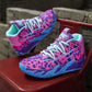 Men's fashion personalized cement floor sports shoes in vibrant pink and blue with tall mesh upper and front lace-up design