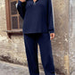Casual Suit Women's Sweater and Wide Leg Pants Two-piece Set in navy blue with batwing sleeves and zipper collar