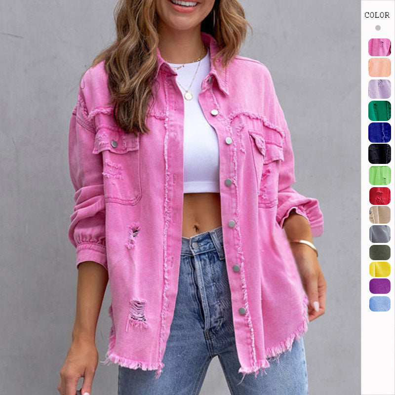 Pink ripped shirt jacket for women with distressed details and button closure